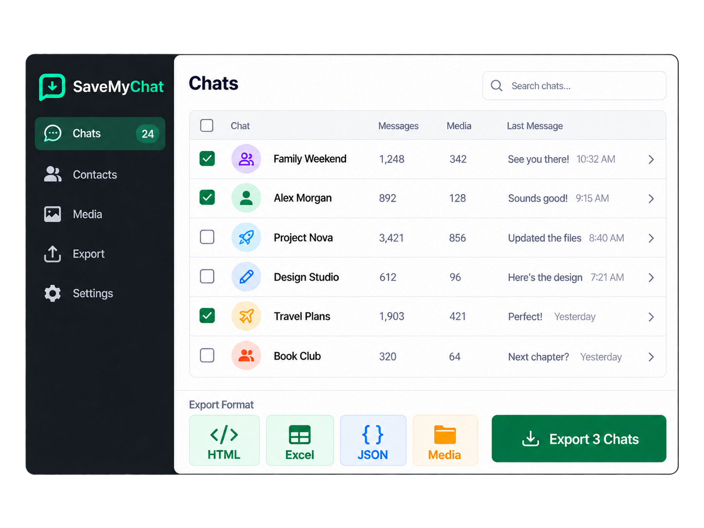 SaveMyChat chat backup and contact export interface