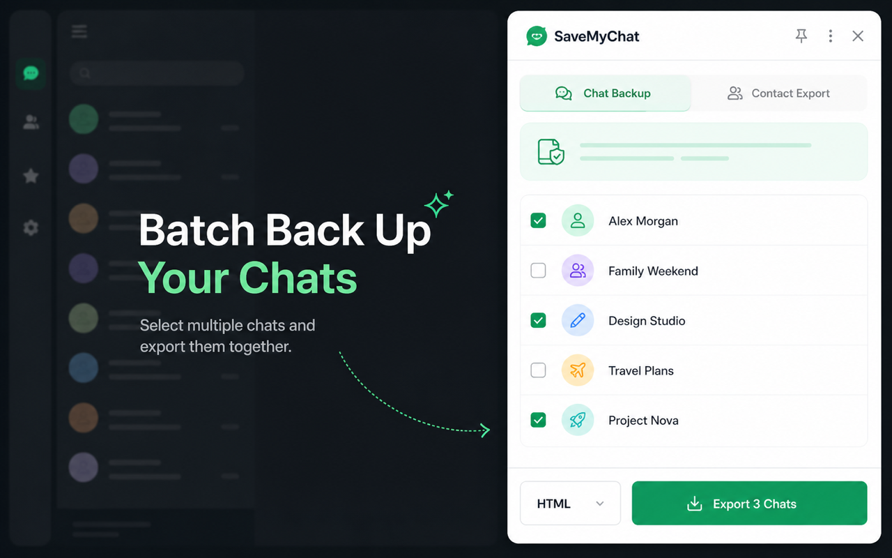 Select multiple WhatsApp chats and export them together